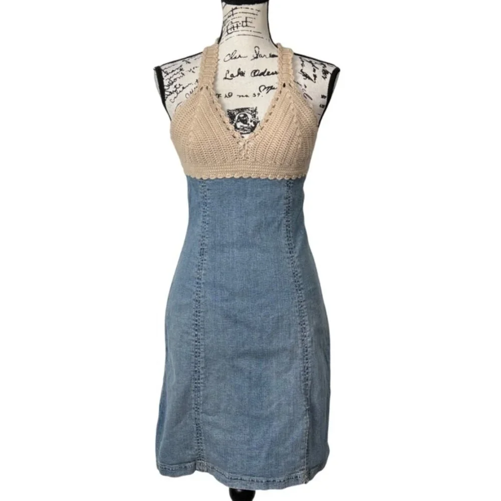 Wayne Rogers Denim Crochet Halter Dress Y2K Womens Size M - Picture 1 of 7